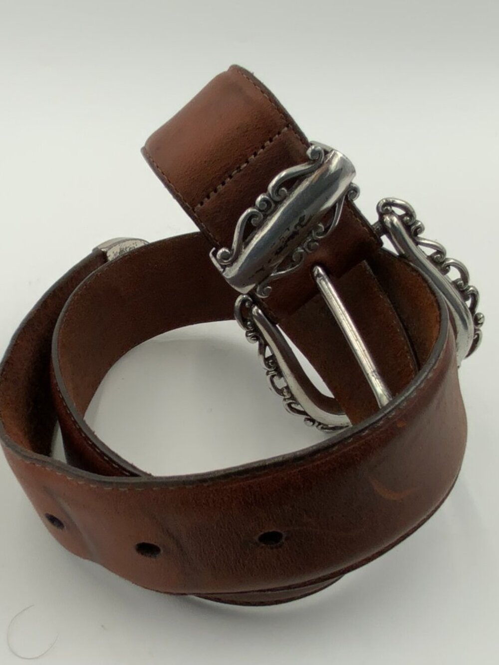 Vintage 1994 Brighton Brown Leather Belt With Silver Bucket #46707 Size Small